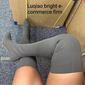 Naiste kõrge kontsaga saapad 2022, sügistalvine mood Kudumine Stretch-saapad Naiste retrosaapad, keskmised sokisaapad Botas Mujer