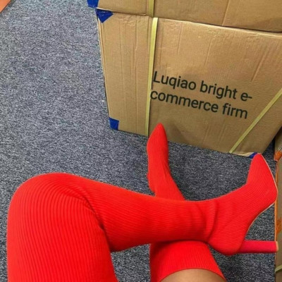 Naiste kõrge kontsaga saapad 2022, sügistalvine mood Kudumine Stretch-saapad Naiste retrosaapad, keskmised sokisaapad Botas Mujer