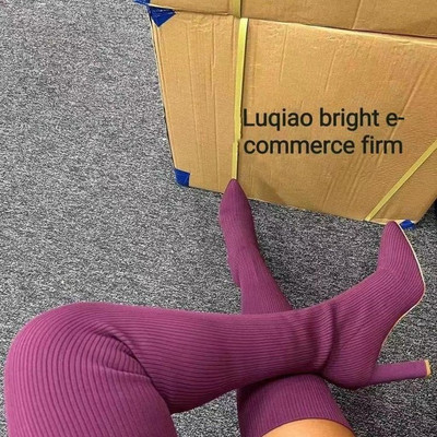 Naiste kõrge kontsaga saapad 2022, sügistalvine mood Kudumine Stretch-saapad Naiste retrosaapad, keskmised sokisaapad Botas Mujer