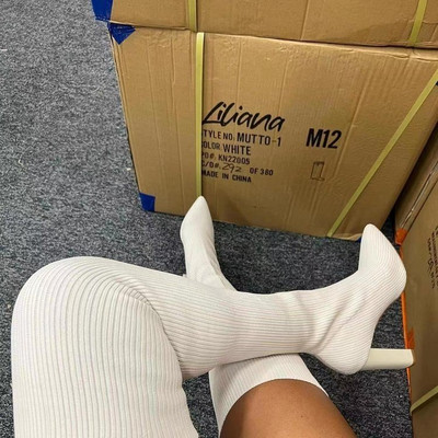 Naiste kõrge kontsaga saapad 2022, sügistalvine mood Kudumine Stretch-saapad Naiste retrosaapad, keskmised sokisaapad Botas Mujer