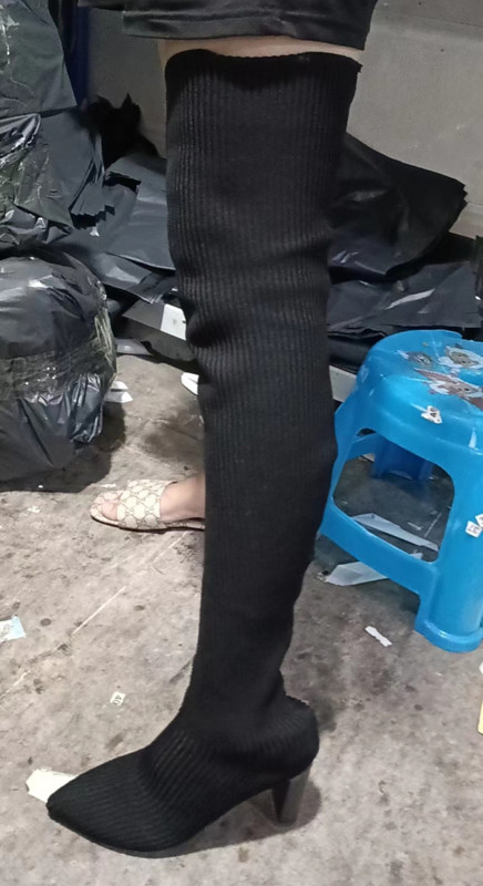 Naiste kõrge kontsaga saapad 2022, sügistalvine mood Kudumine Stretch-saapad Naiste retrosaapad, keskmised sokisaapad Botas Mujer