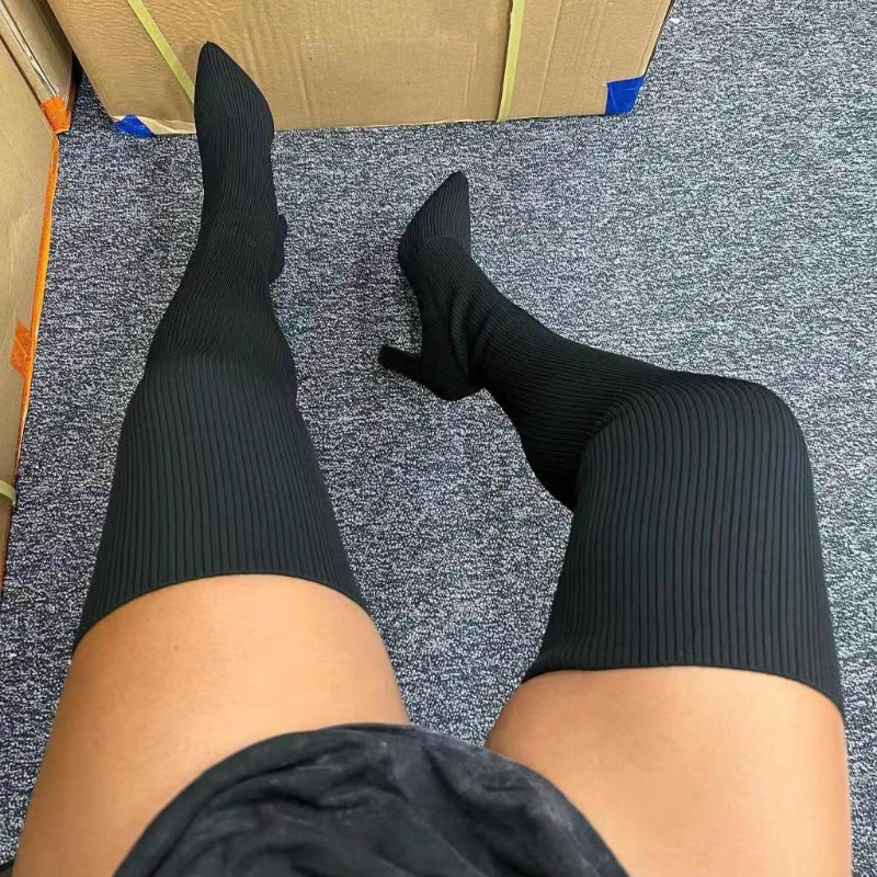 Naiste kõrge kontsaga saapad 2022, sügistalvine mood Kudumine Stretch-saapad Naiste retrosaapad, keskmised sokisaapad Botas Mujer