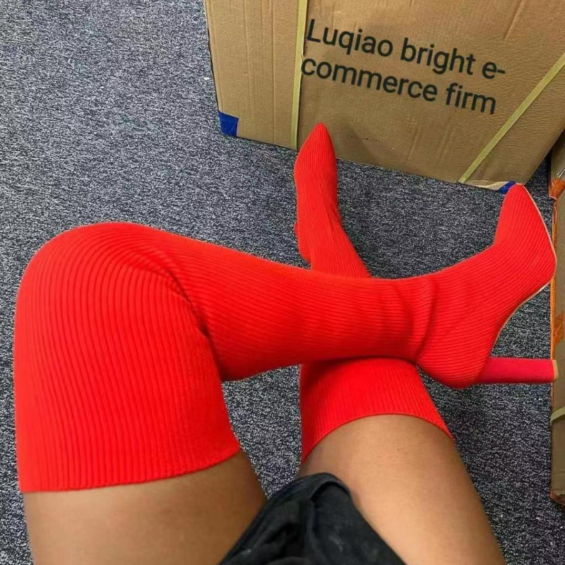 Naiste kõrge kontsaga saapad 2022, sügistalvine mood Kudumine Stretch-saapad Naiste retrosaapad, keskmised sokisaapad Botas Mujer