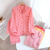 Set de pijamale din bumbac, stil simplu, în dungi, cu mânecă lungă, pantaloni lungi, pantaloni subțiri cu mânecă lungă, în carouri, pijama pentru femei