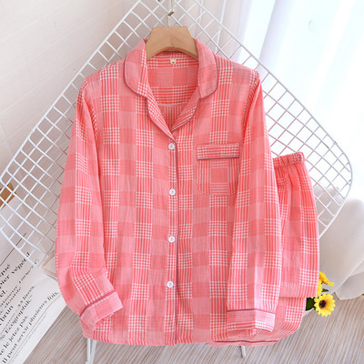 Set de pijamale din bumbac, stil simplu, în dungi, cu mânecă lungă, pantaloni lungi, pantaloni subțiri cu mânecă lungă, în carouri, pijama pentru femei