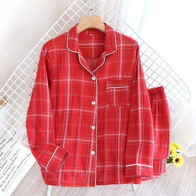 Set de pijamale din bumbac, stil simplu, în dungi, cu mânecă lungă, pantaloni lungi, pantaloni subțiri cu mânecă lungă, în carouri, pijama pentru femei