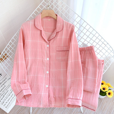 Set de pijamale din bumbac, stil simplu, în dungi, cu mânecă lungă, pantaloni lungi, pantaloni subțiri cu mânecă lungă, în carouri, pijama pentru femei