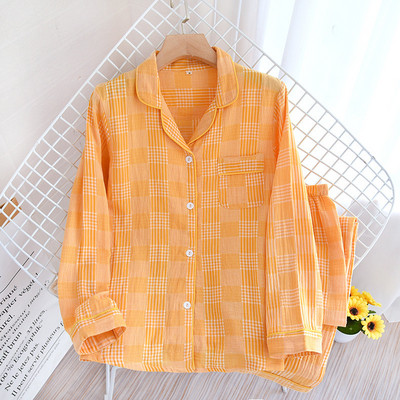 Set de pijamale din bumbac, stil simplu, în dungi, cu mânecă lungă, pantaloni lungi, pantaloni subțiri cu mânecă lungă, în carouri, pijama pentru femei