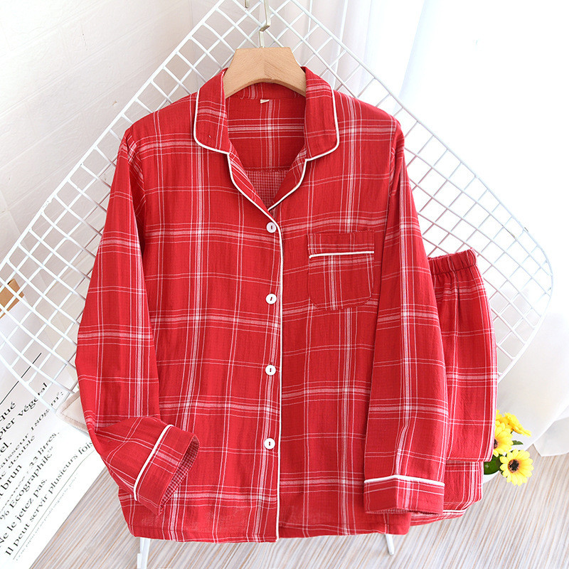 Set de pijamale din bumbac, stil simplu, în dungi, cu mânecă lungă, pantaloni lungi, pantaloni subțiri cu mânecă lungă, în carouri, pijama pentru femei