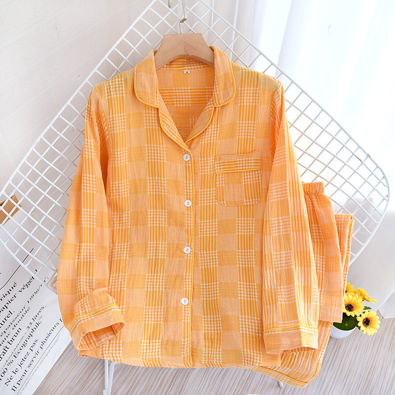 Set de pijamale din bumbac, stil simplu, în dungi, cu mânecă lungă, pantaloni lungi, pantaloni subțiri cu mânecă lungă, în carouri, pijama pentru femei