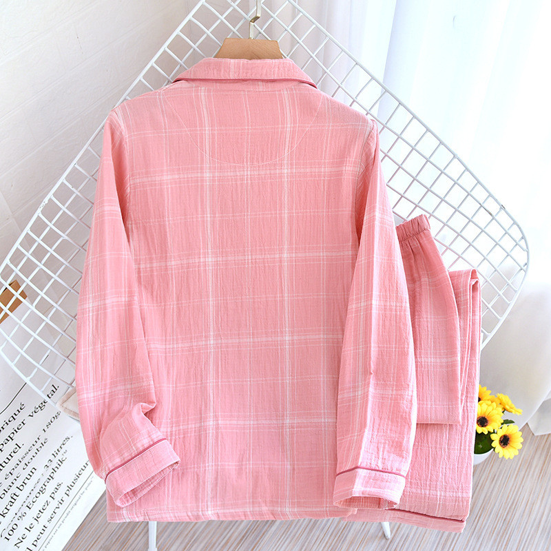 Set de pijamale din bumbac, stil simplu, în dungi, cu mânecă lungă, pantaloni lungi, pantaloni subțiri cu mânecă lungă, în carouri, pijama pentru femei