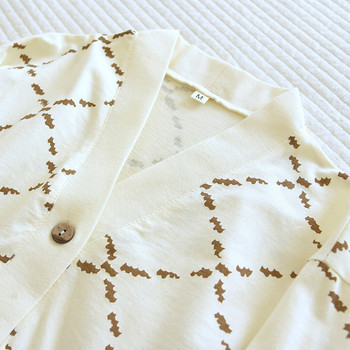 Плетена памучна дамска пижама Костюм 2023 Тънък ромбовиден каре с V-образно деколте и дълги ръкави, свободен комплект дамска пижама от 2 части