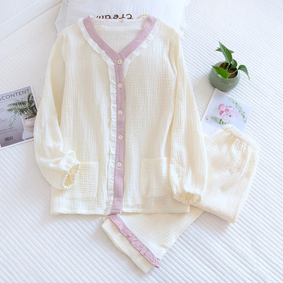 Νέο Color-blocked κρέπ κοστούμι πιτζάμα Γυναικεία 2022 Άνοιξη και Φθινόπωρο από βαμβακερά νήματα Μακρυμάνικο σύνολο Femme 2 Pièces Homewear