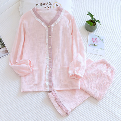 Νέο Color-blocked κρέπ κοστούμι πιτζάμα Γυναικεία 2022 Άνοιξη και Φθινόπωρο από βαμβακερά νήματα Μακρυμάνικο σύνολο Femme 2 Pièces Homewear