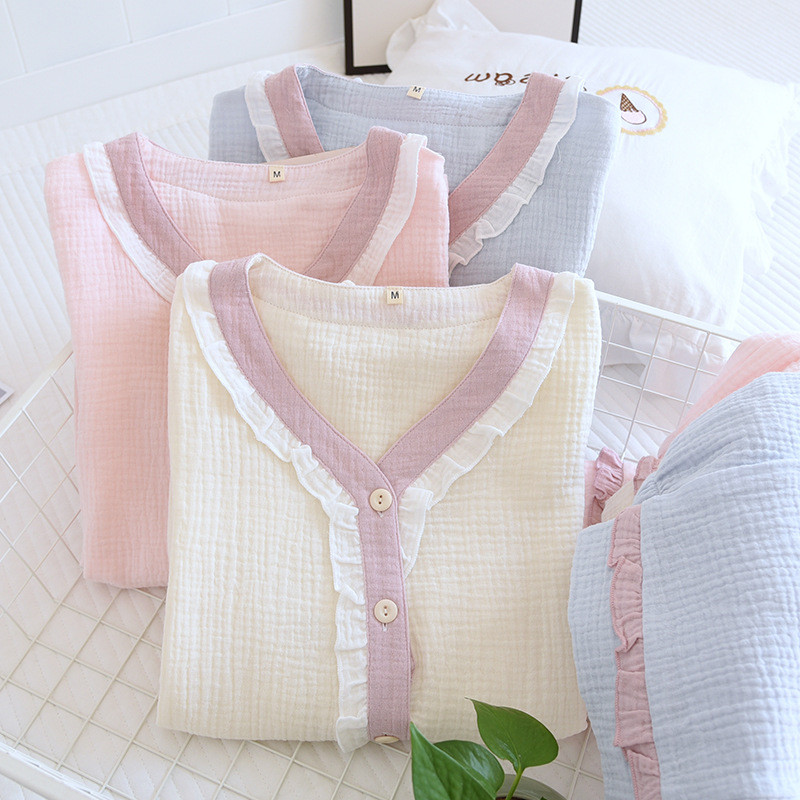 Νέο Color-blocked κρέπ κοστούμι πιτζάμα Γυναικεία 2022 Άνοιξη και Φθινόπωρο από βαμβακερά νήματα Μακρυμάνικο σύνολο Femme 2 Pièces Homewear