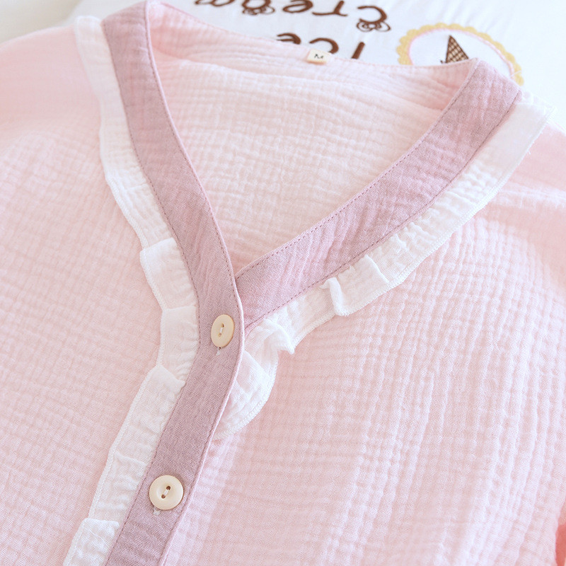 Νέο Color-blocked κρέπ κοστούμι πιτζάμα Γυναικεία 2022 Άνοιξη και Φθινόπωρο από βαμβακερά νήματα Μακρυμάνικο σύνολο Femme 2 Pièces Homewear