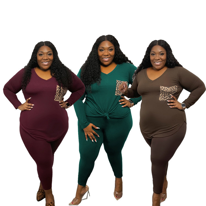 XL-5XL suures suuruses komplektid naiste talverõivad ühevärvilised leopard, pikkade varrukatega V kaelus, 2, kaheosalised rõivad, hulgimüük