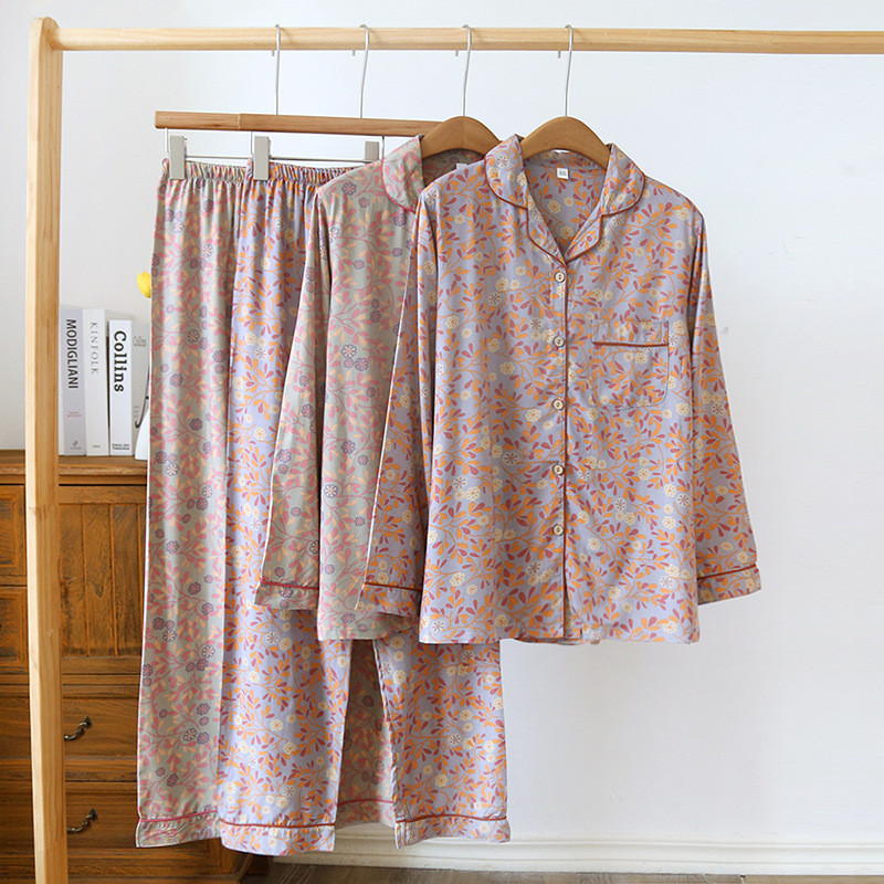 Lilletrükiga puuvillased püksid, naiste kevad- ja sügispidžaama õhukesed pikkade varrukatega pükste komplekt Magusa luksusliku disainiga pidžaama