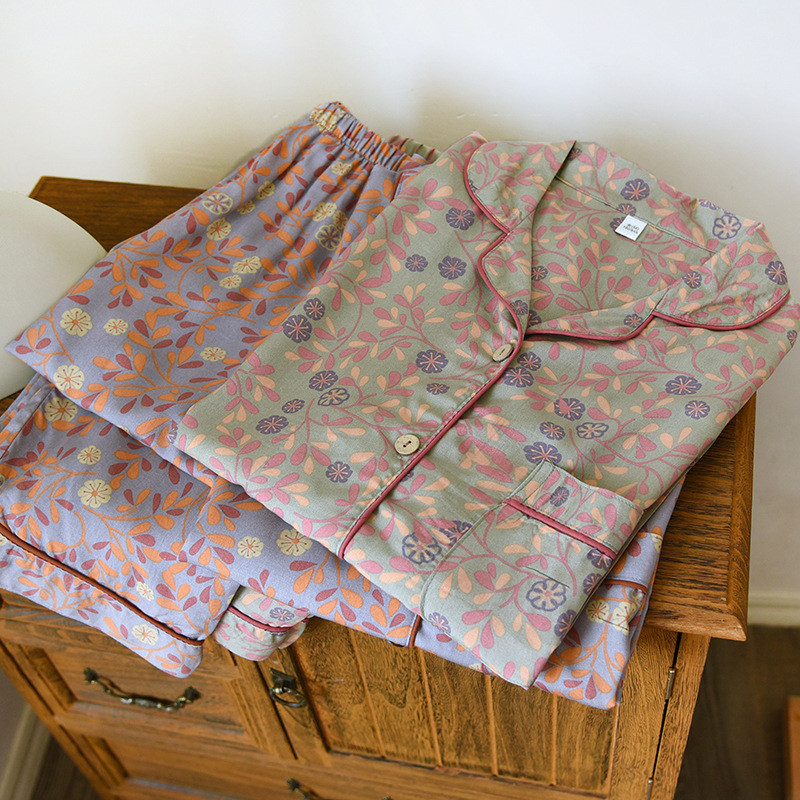 Lilletrükiga puuvillased püksid, naiste kevad- ja sügispidžaama õhukesed pikkade varrukatega pükste komplekt Magusa luksusliku disainiga pidžaama