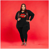 Îmbrăcăminte la modă Plus Size Femei Sexy Guler în V cu mânecă lungă Buze Model Fermoar lateral Despicat Furcă Topuri Seturi de pantaloni strâmți Comerț cu ridicata