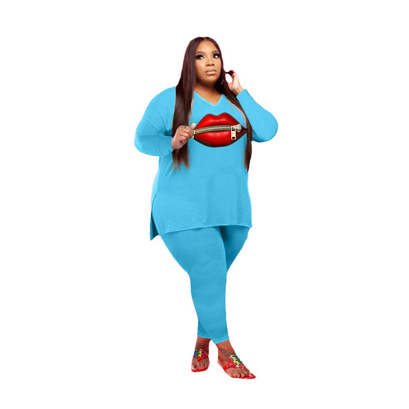 Îmbrăcăminte la modă Plus Size Femei Sexy Guler în V cu mânecă lungă Buze Model Fermoar lateral Despicat Furcă Topuri Seturi de pantaloni strâmți Comerț cu ridicata