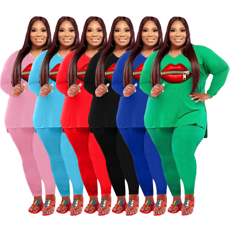 Îmbrăcăminte la modă Plus Size Femei Sexy Guler în V cu mânecă lungă Buze Model Fermoar lateral Despicat Furcă Topuri Seturi de pantaloni strâmți Comerț cu ridicata