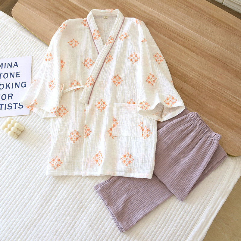 Pijama japoneză pentru fete Kimono drăguț cu mâneci lungi din bumbac, primăvară și toamnă, vară, imprimare simplă, costum de dormit acasă