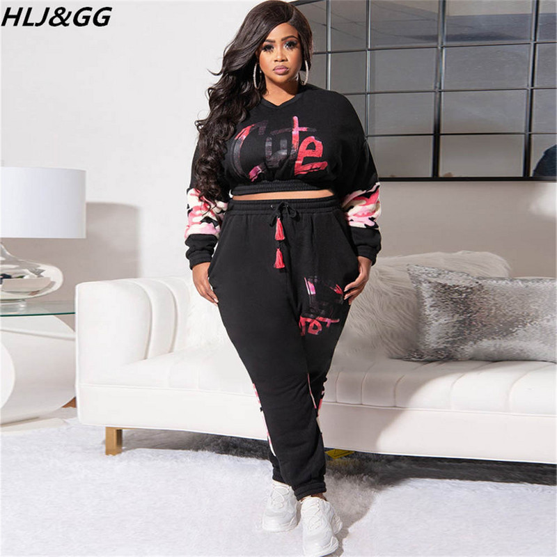 HLJ&GG suures suuruses naiste riided XL-5XL vabaaja kaelaga pikkade varrukatega pullover + jooksupüksid, kaheosalised komplektid, sügistalvised komplektid