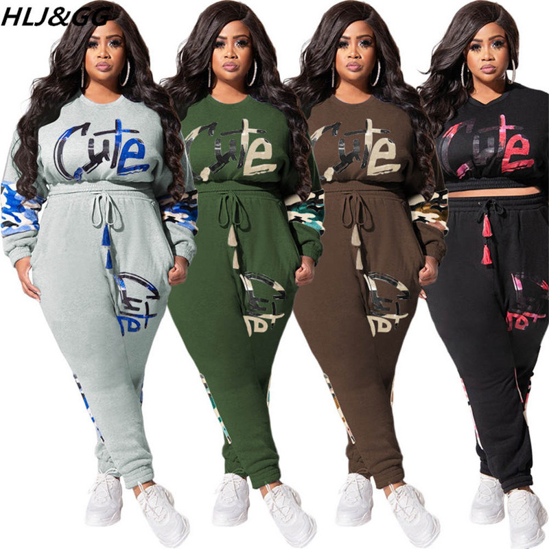 HLJ&GG suures suuruses naiste riided XL-5XL vabaaja kaelaga pikkade varrukatega pullover + jooksupüksid, kaheosalised komplektid, sügistalvised komplektid