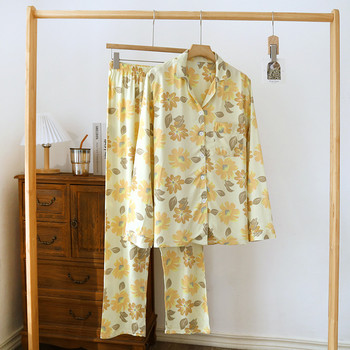 Дамски пролетно-летни комплекти тънки сатенени пижами Комплекти от вискоза и памук с дълъг ръкав Комплект домашни дрехи от висок клас Гладки комплекти дълги пижами на цветя