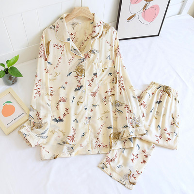 Γυναικεία Σετ Πιτζάμες Ανοιξιάτικη/Καλοκαίρι Λεπτή Σατέν Πιτζάμες Ραγιόν Βαμβακερό μακρυμάνικο High-end Σετ οικιακής ένδυσης Ομαλό φλοράλ μακρύ σετ πιτζάμες