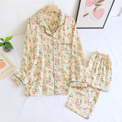 Γυναικεία Σετ Πιτζάμες Ανοιξιάτικη/Καλοκαίρι Λεπτή Σατέν Πιτζάμες Ραγιόν Βαμβακερό μακρυμάνικο High-end Σετ οικιακής ένδυσης Ομαλό φλοράλ μακρύ σετ πιτζάμες