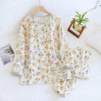 Пижами от чист памук Дамски пролетни и летни горски флорални свежи спални облекла с кръгло деколте Двуслойна марля Японски домашен костюм