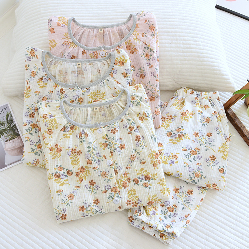 Πιτζάμες από καθαρό βαμβάκι Γυναικείες ανοιξιάτικες και καλοκαιρινές δασικές φλοράλ φρέσκες πυζάμες με στρογγυλή λαιμόκοψη Διπλή γάζα ιαπωνική φόρμα σπιτιού