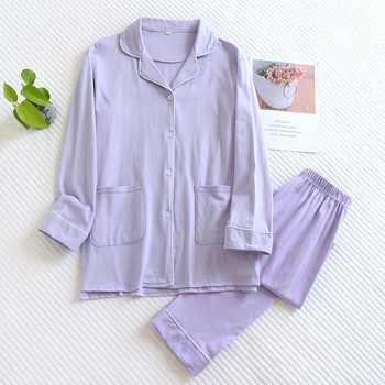 Ежедневни дамски плетени памучни пижами Four Seasons Едноцветни домашни дрехи с дълги ръкави и джобове Панталони Меки дамски комплект пижами