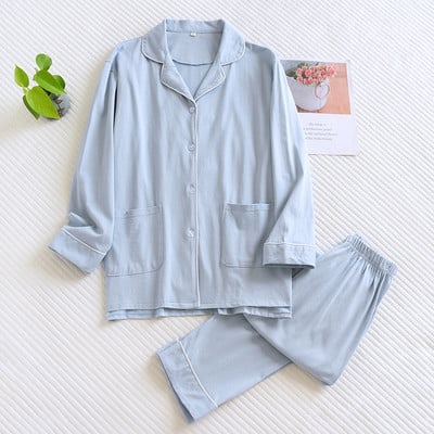 Four Seasons vabaaja naiste silmkoelised puuvillased pidžaamad ühevärvilised pikkade varrukatega koduriided taskutega Püksid Pehmed naiste pidžaamakomplekt