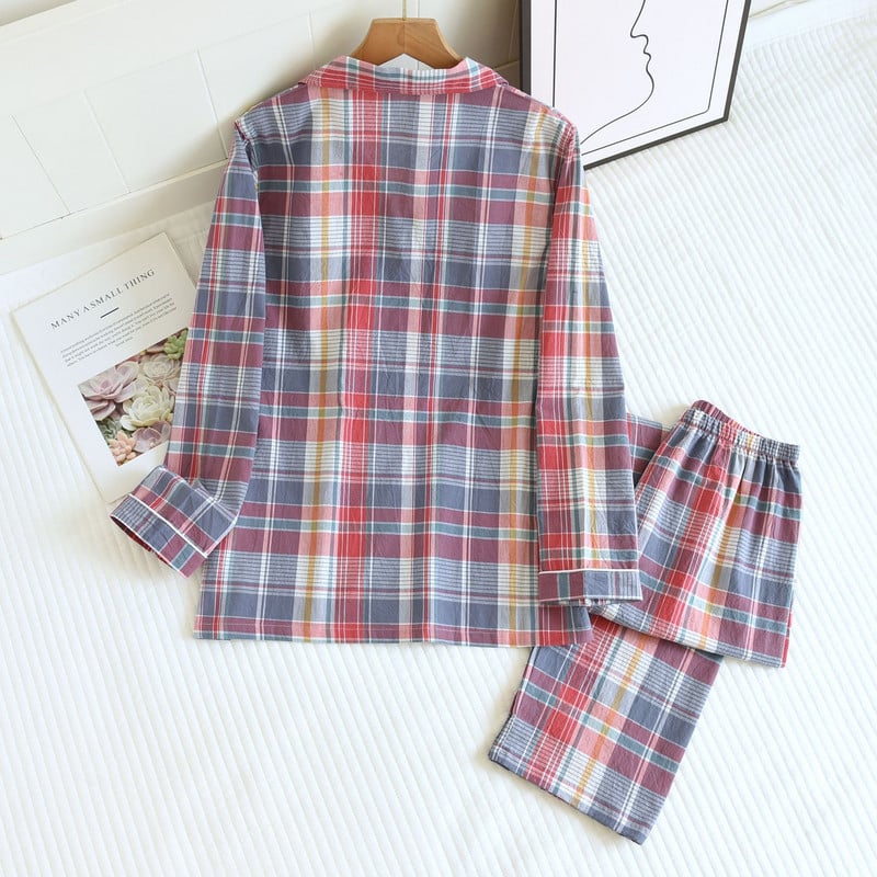 Kevade ja sügise uusim puuvillane minimalistlikus stiilis pidžaamakomplekt, puuvillane ruuduline disain naiste kodurõivad pikkade varrukatega pidžaamaülikond