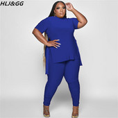 HLJ&GG Plus Size Γυναικεία Ρούχα XL-5XL Casual O λαιμόκοψη με κοντό μανίκι στο πλάι με σχίσιμο πάνω + κολάν παντελόνι σετ δύο τεμαχίων Γυναικεία αθλητικά ρούχα