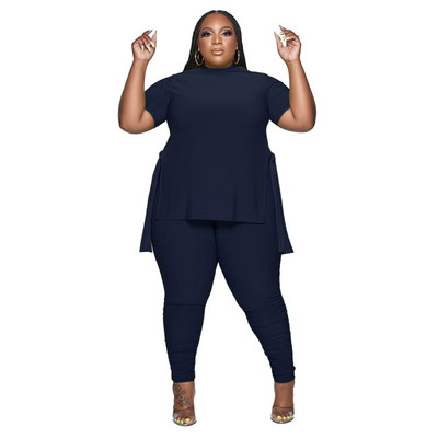HLJ&GG Plus Size Γυναικεία Ρούχα XL-5XL Casual O λαιμόκοψη με κοντό μανίκι στο πλάι με σχίσιμο πάνω + κολάν παντελόνι σετ δύο τεμαχίων Γυναικεία αθλητικά ρούχα