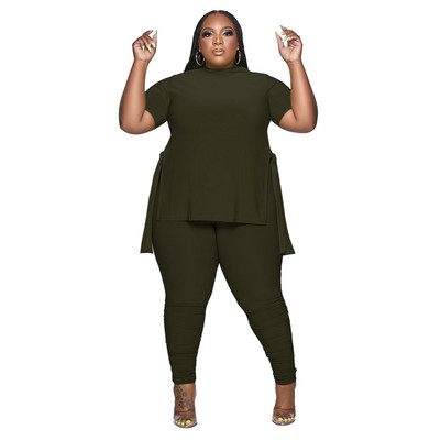 HLJ&GG Plus Size Γυναικεία Ρούχα XL-5XL Casual O λαιμόκοψη με κοντό μανίκι στο πλάι με σχίσιμο πάνω + κολάν παντελόνι σετ δύο τεμαχίων Γυναικεία αθλητικά ρούχα