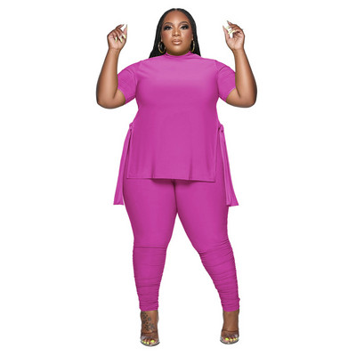 HLJ&GG Plus Size Γυναικεία Ρούχα XL-5XL Casual O λαιμόκοψη με κοντό μανίκι στο πλάι με σχίσιμο πάνω + κολάν παντελόνι σετ δύο τεμαχίων Γυναικεία αθλητικά ρούχα
