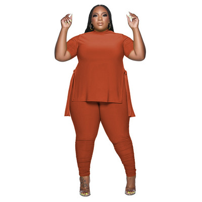 HLJ&GG Plus Size Γυναικεία Ρούχα XL-5XL Casual O λαιμόκοψη με κοντό μανίκι στο πλάι με σχίσιμο πάνω + κολάν παντελόνι σετ δύο τεμαχίων Γυναικεία αθλητικά ρούχα