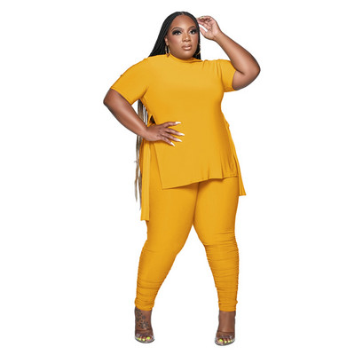 HLJ&GG Plus Size Γυναικεία Ρούχα XL-5XL Casual O λαιμόκοψη με κοντό μανίκι στο πλάι με σχίσιμο πάνω + κολάν παντελόνι σετ δύο τεμαχίων Γυναικεία αθλητικά ρούχα