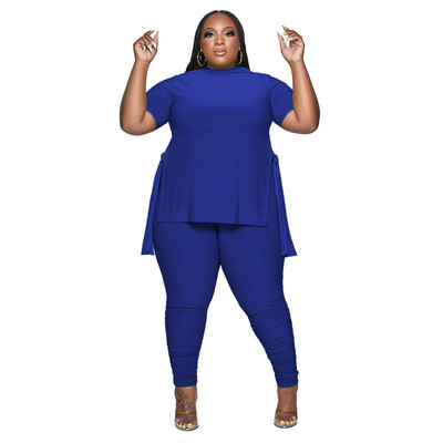 HLJ&GG Plus Size Γυναικεία Ρούχα XL-5XL Casual O λαιμόκοψη με κοντό μανίκι στο πλάι με σχίσιμο πάνω + κολάν παντελόνι σετ δύο τεμαχίων Γυναικεία αθλητικά ρούχα