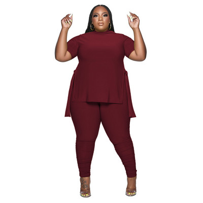 HLJ&GG Plus Size Γυναικεία Ρούχα XL-5XL Casual O λαιμόκοψη με κοντό μανίκι στο πλάι με σχίσιμο πάνω + κολάν παντελόνι σετ δύο τεμαχίων Γυναικεία αθλητικά ρούχα