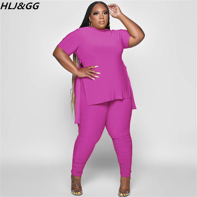 HLJ&GG Plus Size Γυναικεία Ρούχα XL-5XL Casual O λαιμόκοψη με κοντό μανίκι στο πλάι με σχίσιμο πάνω + κολάν παντελόνι σετ δύο τεμαχίων Γυναικεία αθλητικά ρούχα