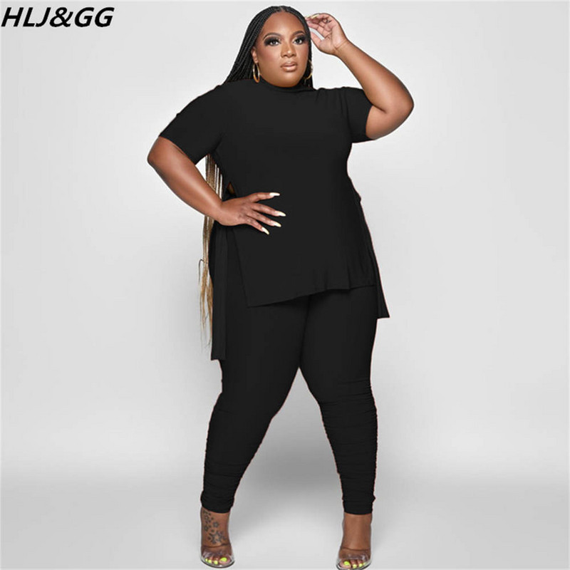 HLJ&GG Plus Size Γυναικεία Ρούχα XL-5XL Casual O λαιμόκοψη με κοντό μανίκι στο πλάι με σχίσιμο πάνω + κολάν παντελόνι σετ δύο τεμαχίων Γυναικεία αθλητικά ρούχα