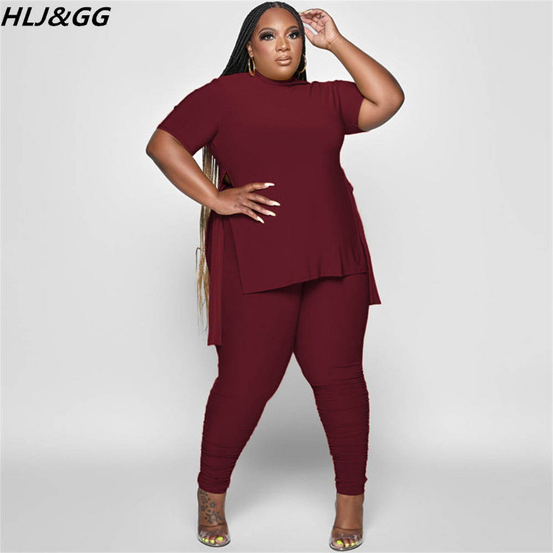 HLJ&GG Plus Size Γυναικεία Ρούχα XL-5XL Casual O λαιμόκοψη με κοντό μανίκι στο πλάι με σχίσιμο πάνω + κολάν παντελόνι σετ δύο τεμαχίων Γυναικεία αθλητικά ρούχα