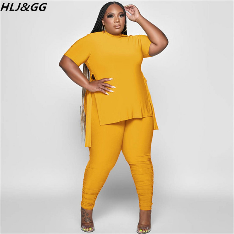 HLJ&GG Plus Size Γυναικεία Ρούχα XL-5XL Casual O λαιμόκοψη με κοντό μανίκι στο πλάι με σχίσιμο πάνω + κολάν παντελόνι σετ δύο τεμαχίων Γυναικεία αθλητικά ρούχα