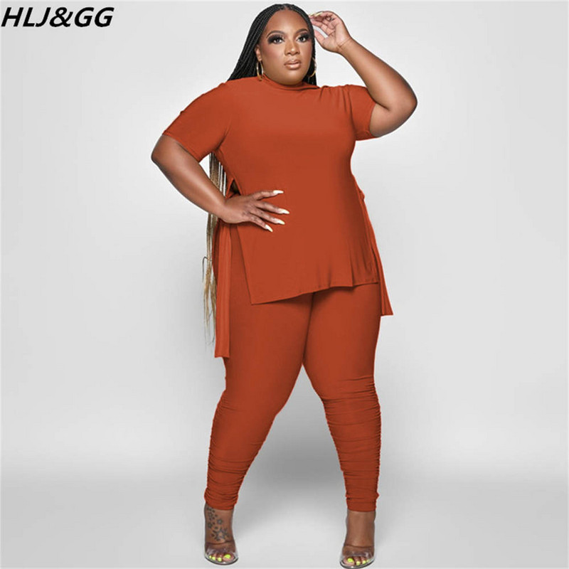 HLJ&GG Plus Size Γυναικεία Ρούχα XL-5XL Casual O λαιμόκοψη με κοντό μανίκι στο πλάι με σχίσιμο πάνω + κολάν παντελόνι σετ δύο τεμαχίων Γυναικεία αθλητικά ρούχα